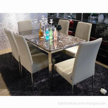 Dining table and chair, marble top and stainless metal frame